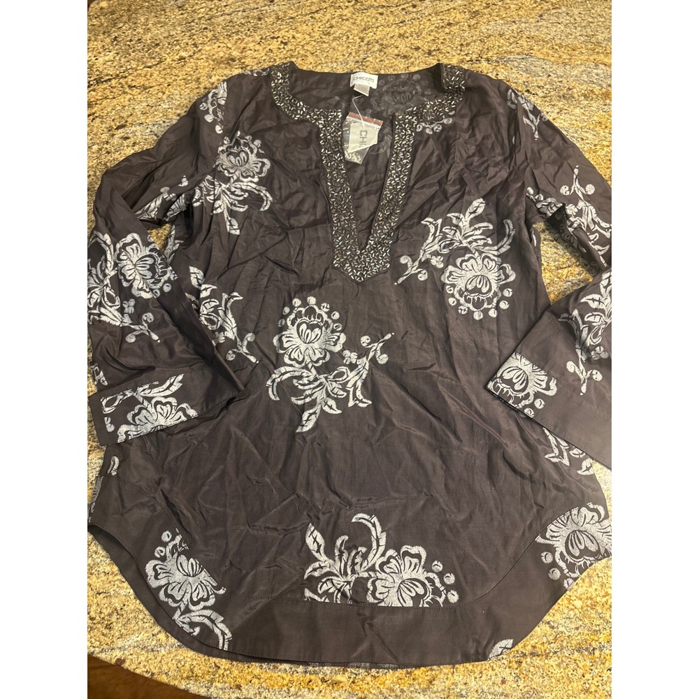 NWT Chicos Evening Frost Augustan Tunic Silk Cotton Beaded Floral Black Size 1 M